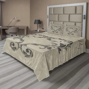 Ambesonne Taupe Sheet Set, Happy Valentine's Day Hand Writing Laurel Leaves Forming a Heart Victorian, Fitted and Flat Sheet with Pillowcases Bedding Accent 4 Piece Set, Queen, Taupe Tan