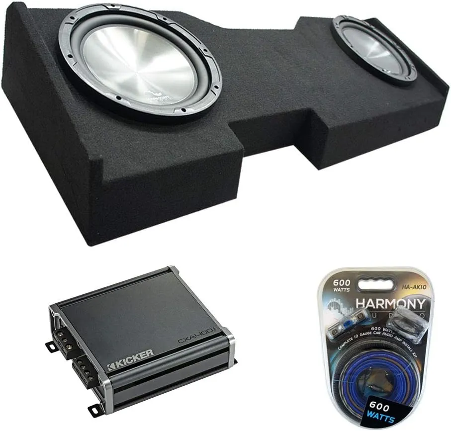 American Sound Connection HA-R124 Compatible with Chevy Silverado 2014-2018 Crew Cab Rhythm Series 12" Sub, 46CXA4001 Class D 800W Peak Sub Amplifier and HA-AK8 8 Gauge 900W Amplifier Install Kit
