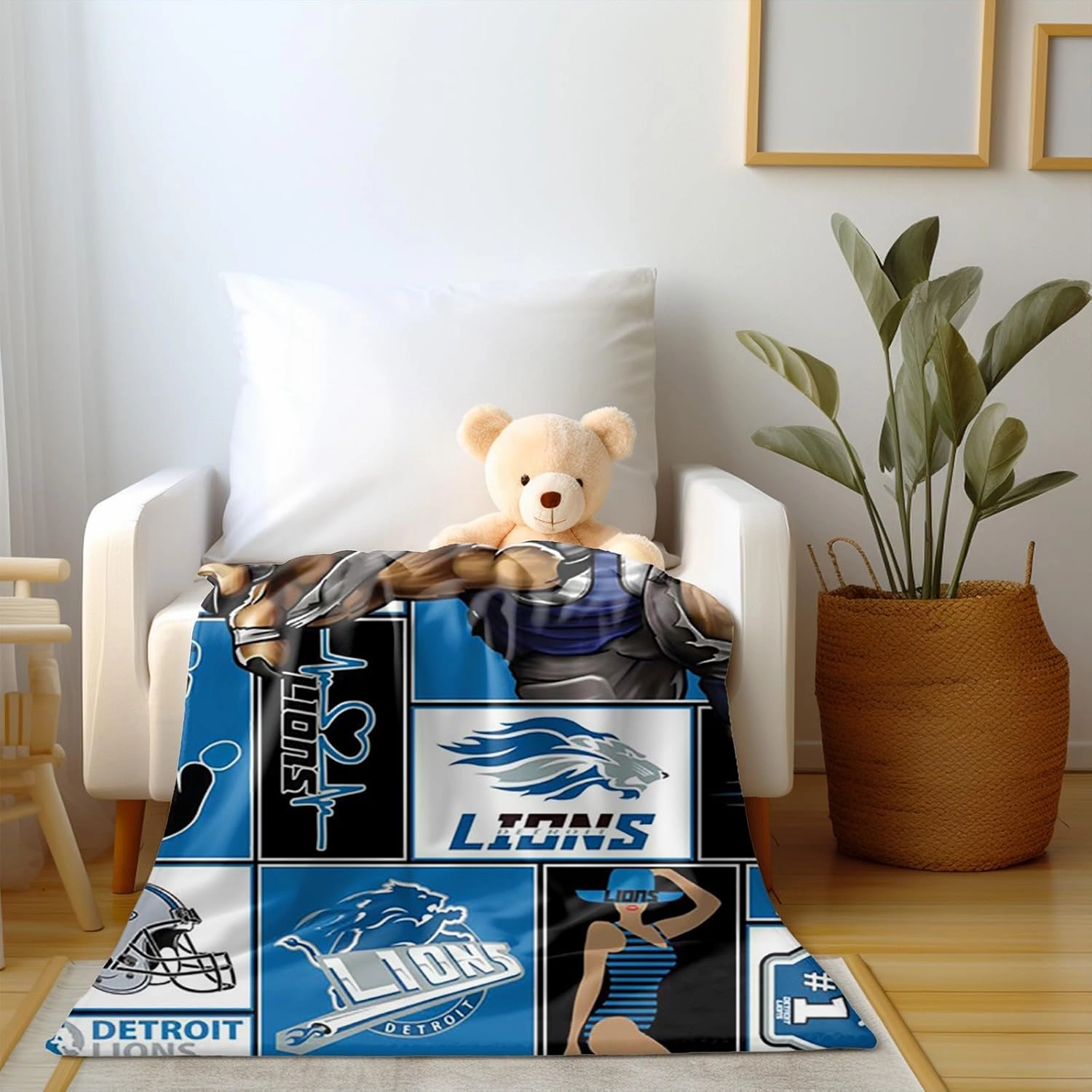 American Football Series: Detroit Throw Blanket (L80 xW60) Bold 3D Effect Use Throw for Outdoor, Travel, Vacation, Nap, and Relaxation or Game Day for Fans