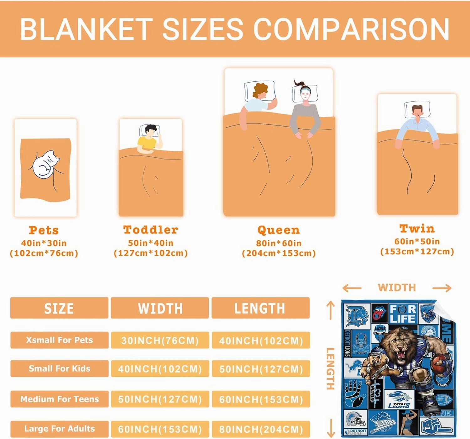 American Football Series: Detroit Throw Blanket (L80 xW60) Bold 3D Effect Use Throw for Outdoor, Travel, Vacation, Nap, and Relaxation or Game Day for Fans