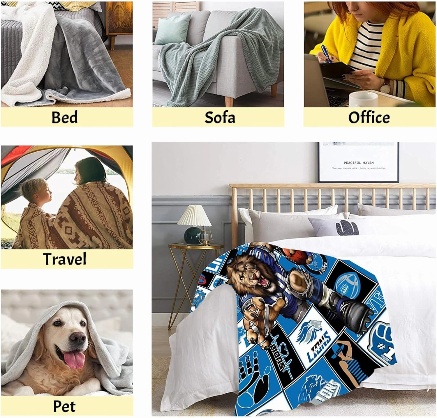 American Football Series: Detroit Throw Blanket (L80 xW60) Bold 3D Effect Use Throw for Outdoor, Travel, Vacation, Nap, and Relaxation or Game Day for Fans