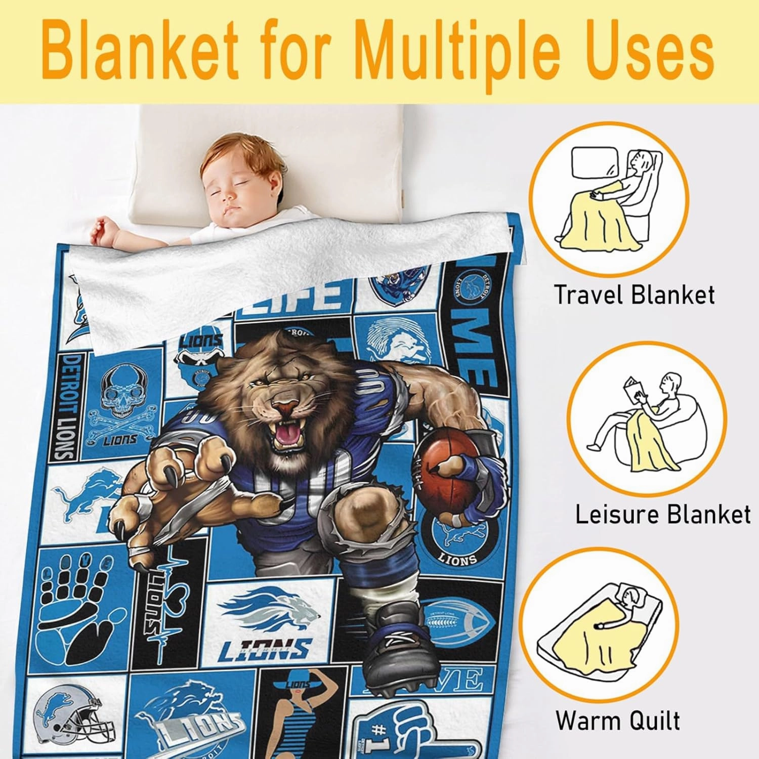 American Football Series: Detroit Throw Blanket (L80 xW60) Bold 3D Effect Use Throw for Outdoor, Travel, Vacation, Nap, and Relaxation or Game Day for Fans