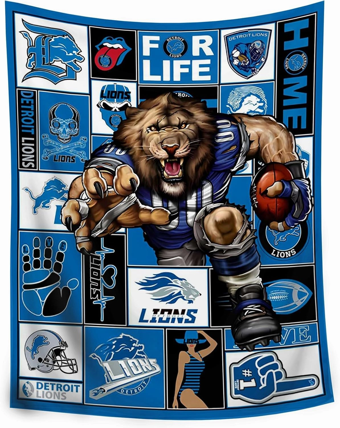 American Football Series: Detroit Throw Blanket (L80 xW60) Bold 3D Effect Use Throw for Outdoor, Travel, Vacation, Nap, and Relaxation or Game Day for Fans