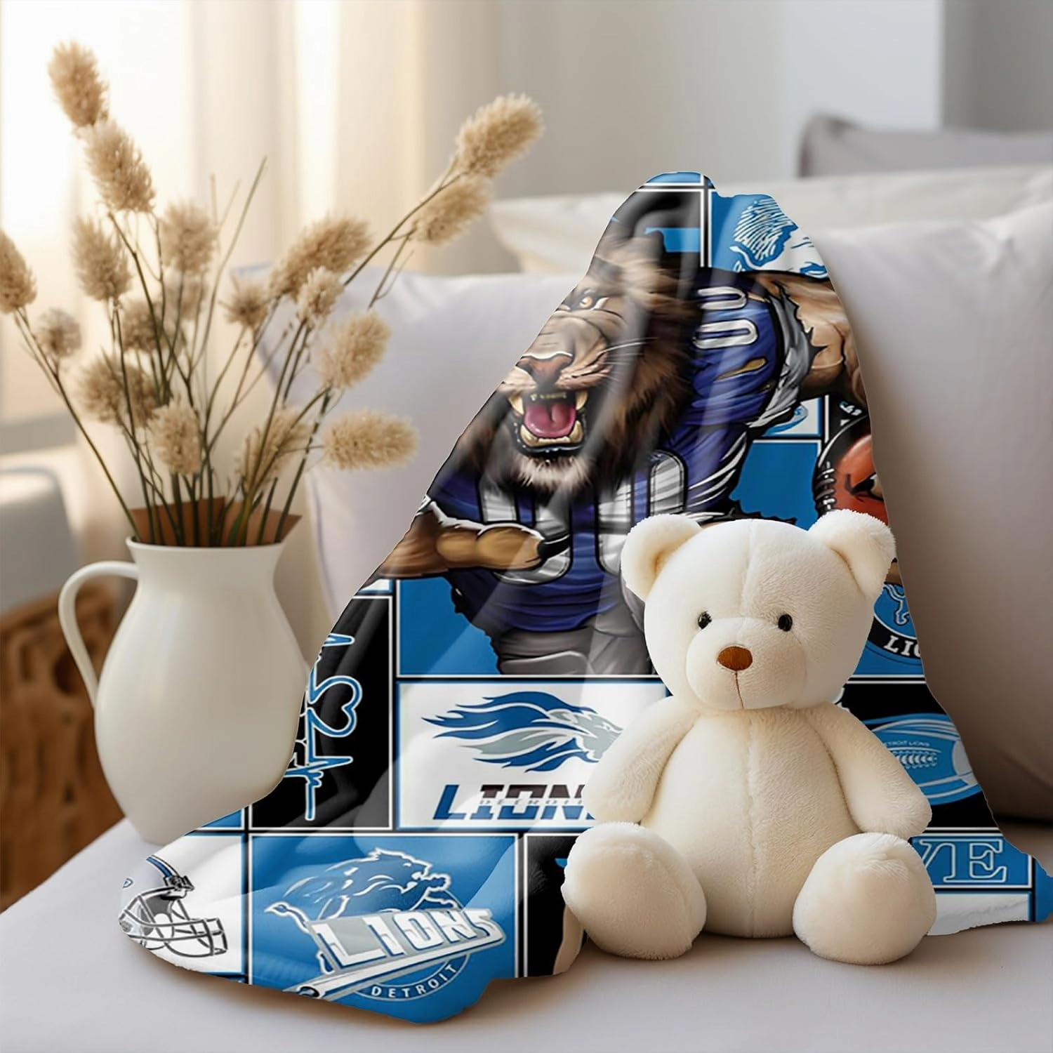American Football Series: Detroit Throw Blanket (L80 xW60) Bold 3D Effect Use Throw for Outdoor, Travel, Vacation, Nap, and Relaxation or Game Day for Fans