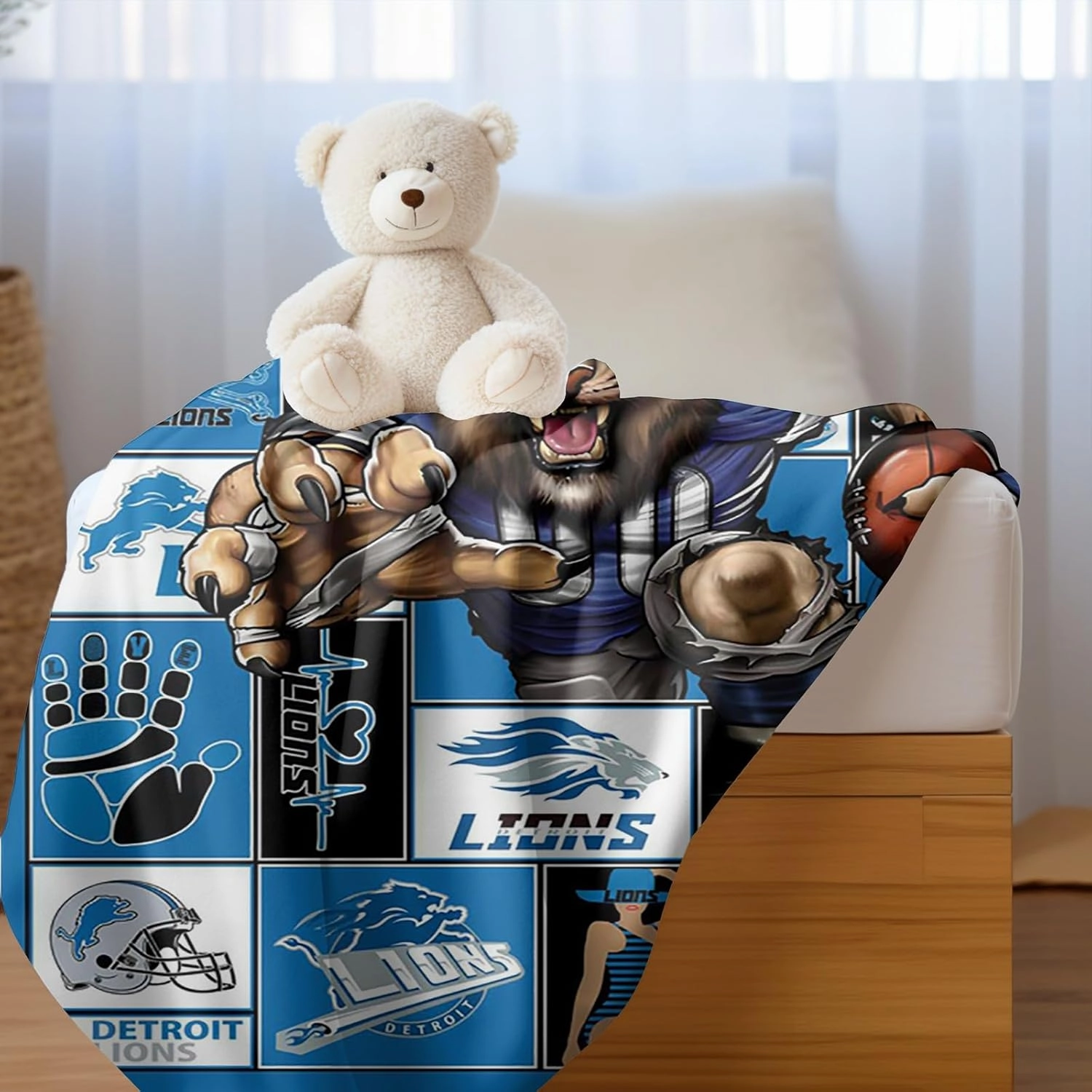 American Football Series: Detroit Throw Blanket (L80 xW60) Bold 3D Effect Use Throw for Outdoor, Travel, Vacation, Nap, and Relaxation or Game Day for Fans