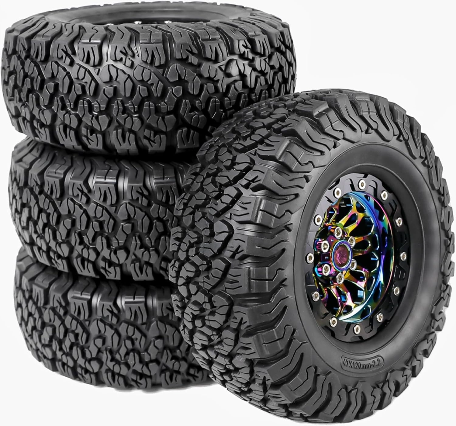 AMK RC 2.2 Tires and Rims, 4Pcs 1/10 Crawler Car Colorful Rims and Super Grip Soft Tires, Beadlock Wheels and Mud Terrain Tires for Axial SCX10 90047 D90 TF2 Tamiya CC01 Traxxas TRX4