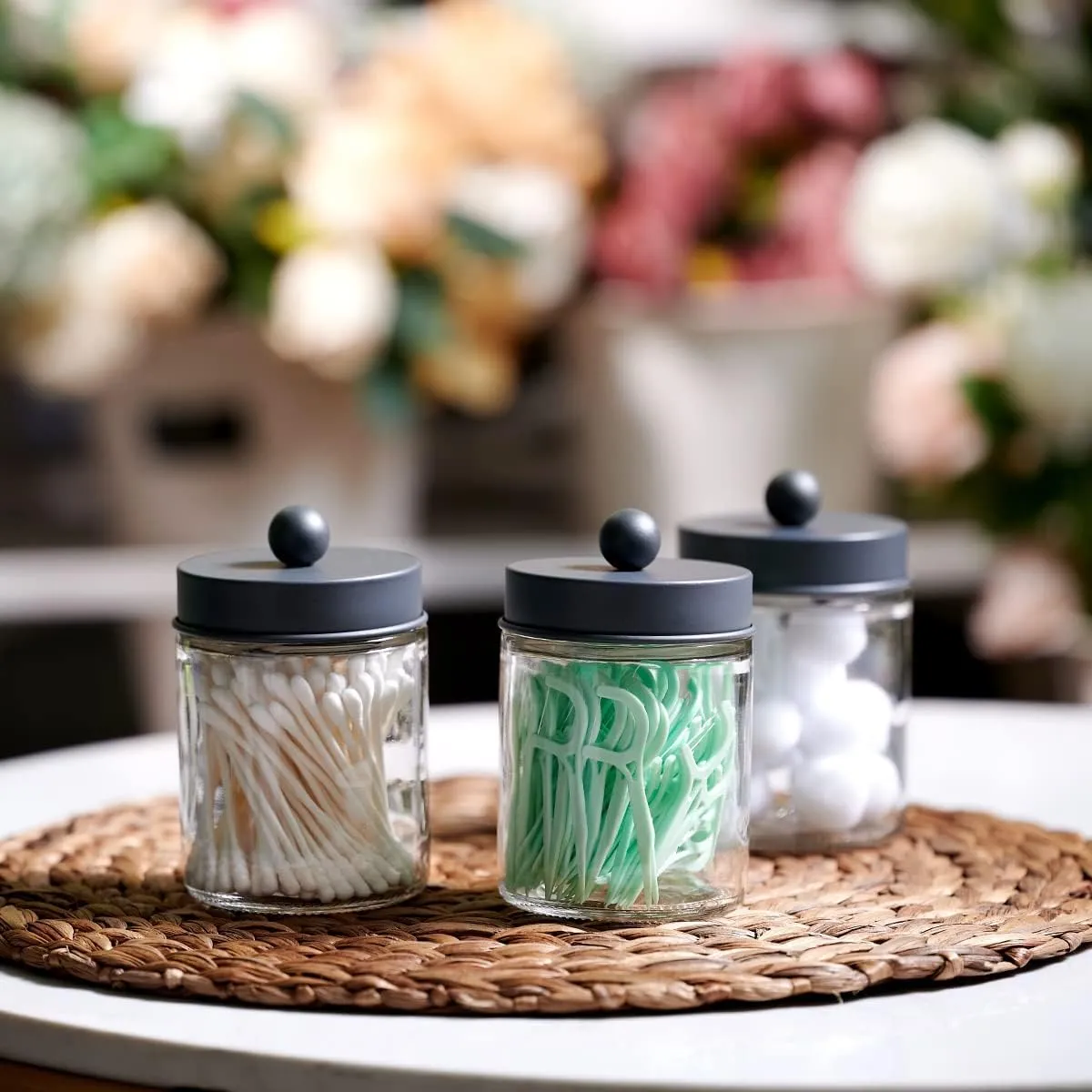 Amolliar 4 Pack Apothecary Jars Bathroom Vanity Storage Organizer Set -Countertop Canister with Stainless Steel Lids &Cute Stickers - Qtip Dispenser Holder for Qtips,Cotton Swabs,Makeup Sponges (Grey)