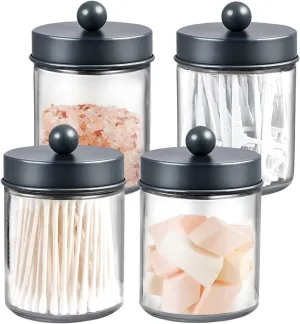 Amolliar 4 Pack Apothecary Jars Bathroom Vanity Storage Organizer Set -Countertop Canister with Stainless Steel Lids &Cute Stickers - Qtip Dispenser Holder for Qtips,Cotton Swabs,Makeup Sponges (Grey)