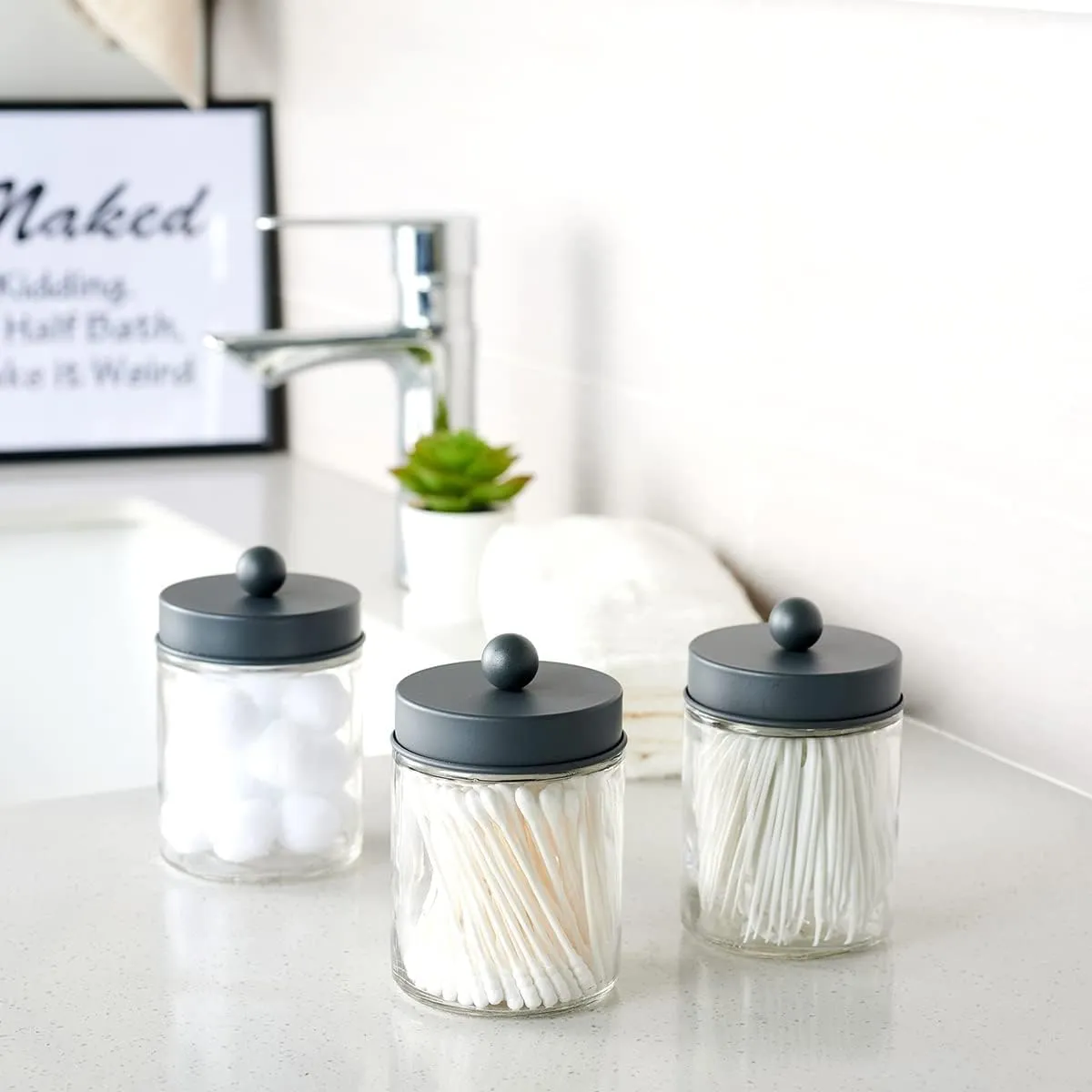 Amolliar 4 Pack Apothecary Jars Bathroom Vanity Storage Organizer Set -Countertop Canister with Stainless Steel Lids &Cute Stickers - Qtip Dispenser Holder for Qtips,Cotton Swabs,Makeup Sponges (Grey)