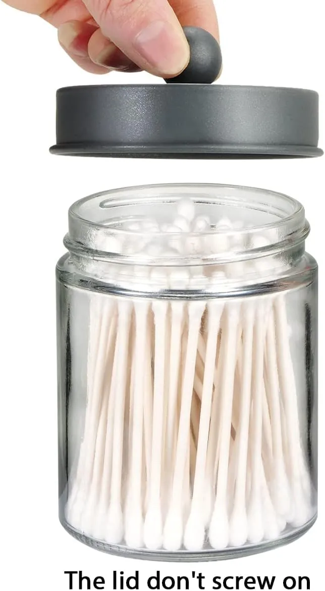 Amolliar 4 Pack Apothecary Jars Bathroom Vanity Storage Organizer Set -Countertop Canister with Stainless Steel Lids &Cute Stickers - Qtip Dispenser Holder for Qtips,Cotton Swabs,Makeup Sponges (Grey)