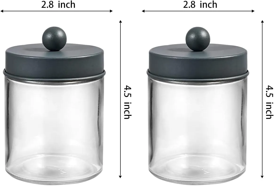 Amolliar 4 Pack Apothecary Jars Bathroom Vanity Storage Organizer Set -Countertop Canister with Stainless Steel Lids &Cute Stickers - Qtip Dispenser Holder for Qtips,Cotton Swabs,Makeup Sponges (Grey)