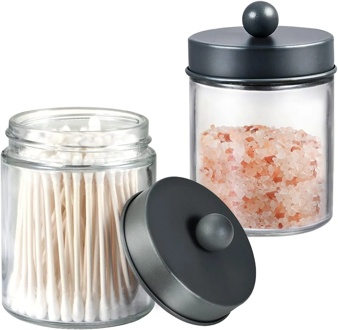 Amolliar 4 Pack Apothecary Jars Bathroom Vanity Storage Organizer Set -Countertop Canister with Stainless Steel Lids &Cute Stickers - Qtip Dispenser Holder for Qtips,Cotton Swabs,Makeup Sponges (Grey)