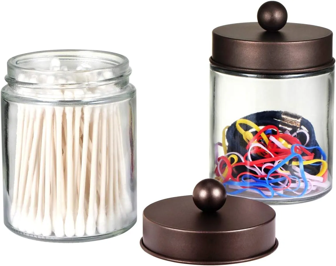 Amolliar 4Pc Apothecary Jars Bathroom Vanity Storage Organizer Set -Countertop Canister with Stainless Steel Lids &Cute Stickers - Qtip Dispenser Holder for Qtips,Cotton Swabs,Makeup Sponges (Bronze)