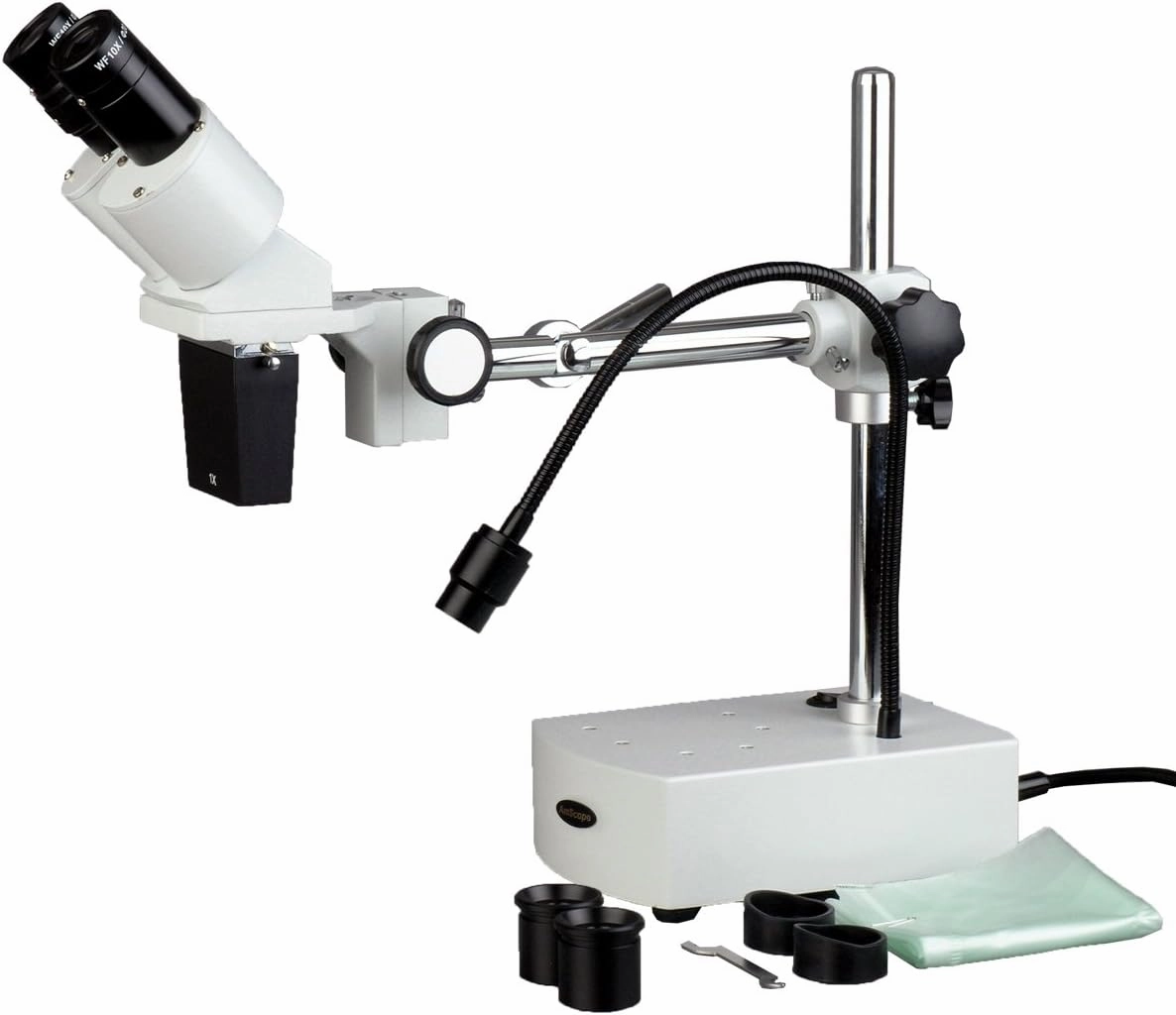 AmScope SE400X Professional Binocular Stereo Microscope, WF5x and WF10x Eyepieces, 5X and 10X Magnification, 1X Objective, LED Lighting, Boom-Arm Stand, 110V-120V