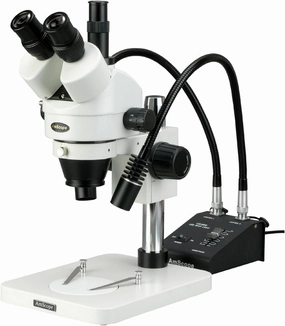 AmScope SM-1TSW2-L6W Professional Trinocular Stereo Zoom Microscope, WH10x and WH25x Eyepieces, 3.5X-225X Magnification, 0.7X-4.5X Zoom Objective, 6W Dual-Gooseneck LED Light, Pillar Stand, 85V-265V, Includes 0.5X and 2.0X Barlow Lenses