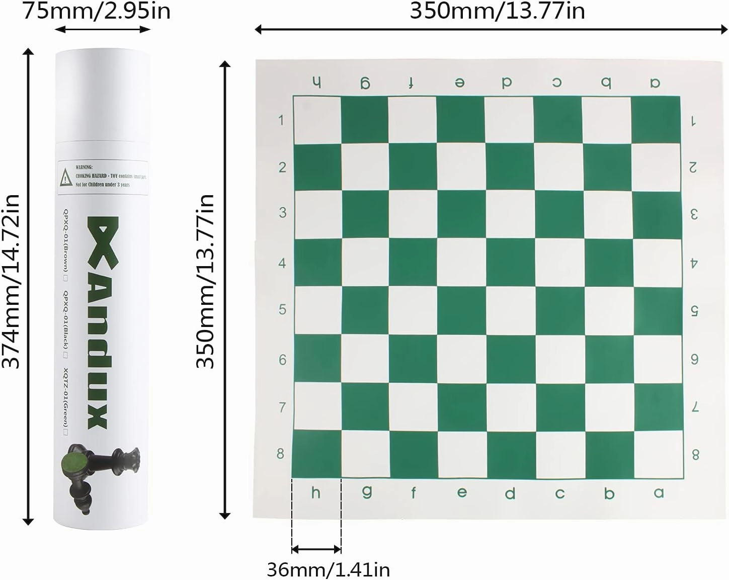 Andux Chess Game Set Chess Pieces and Rollable Board XQTZ-01 (Green,35x35cm)