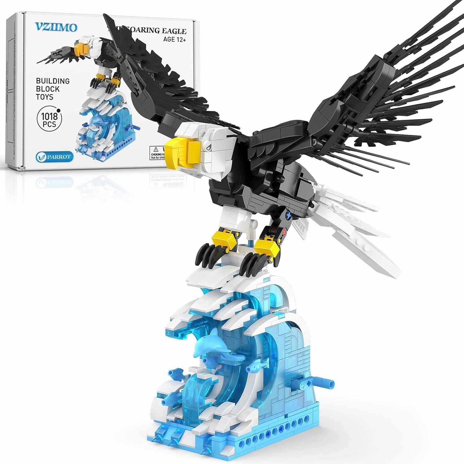 Animals Building Set - Bald Eagle with Articulated Wings & Interactive Ocean Base, STEM Gift for Kids Adults, Mechanical Rotating Shaft for Flapping Motion
