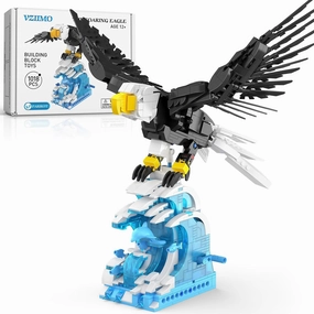 Animals Building Set - Bald Eagle with Articulated Wings & Interactive Ocean Base, STEM Gift for Kids Adults, Mechanical Rotating Shaft for Flapping Motion