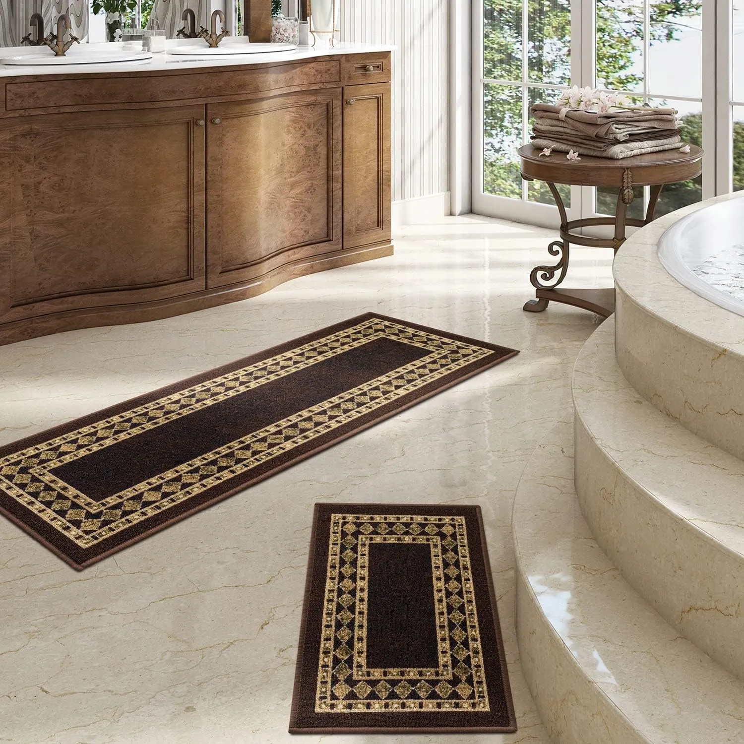 Antep Rugs Alfombras Modern Bordered 2pc Non-Skid (Non-Slip) Low Profile Pile Rubber Backing Indoor Kitchen Runner Rugs (Brown Beige, 2pc Set)