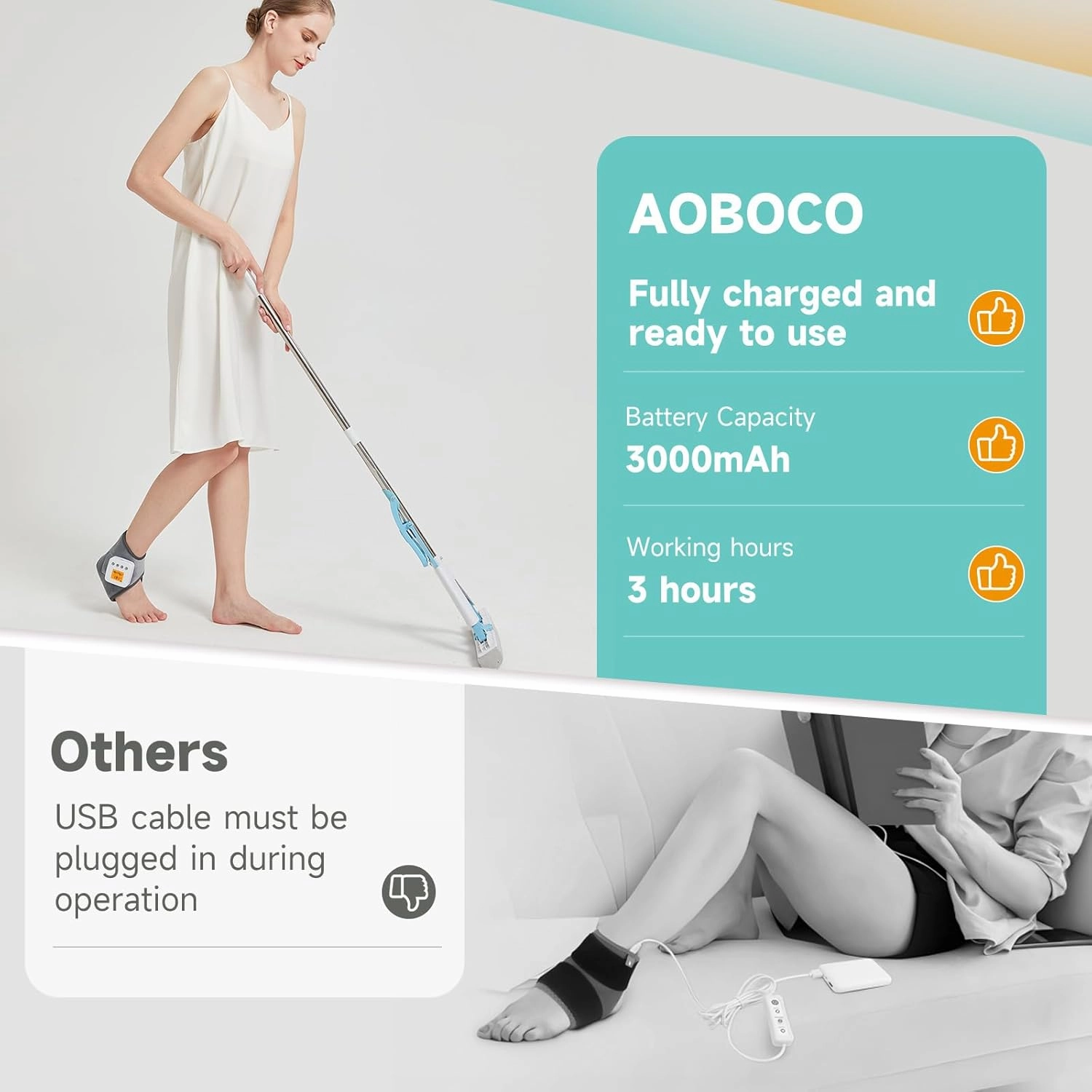 AOBOCO Cordless Ankle Massager with Heat - 3000mAh Ankle Heating Pad for Achilles Tendonitis and Plantar Fasciitis, Rechargeable Heated Foot Brace Wrap, 3 Vibration Mode, Auto Shut Off