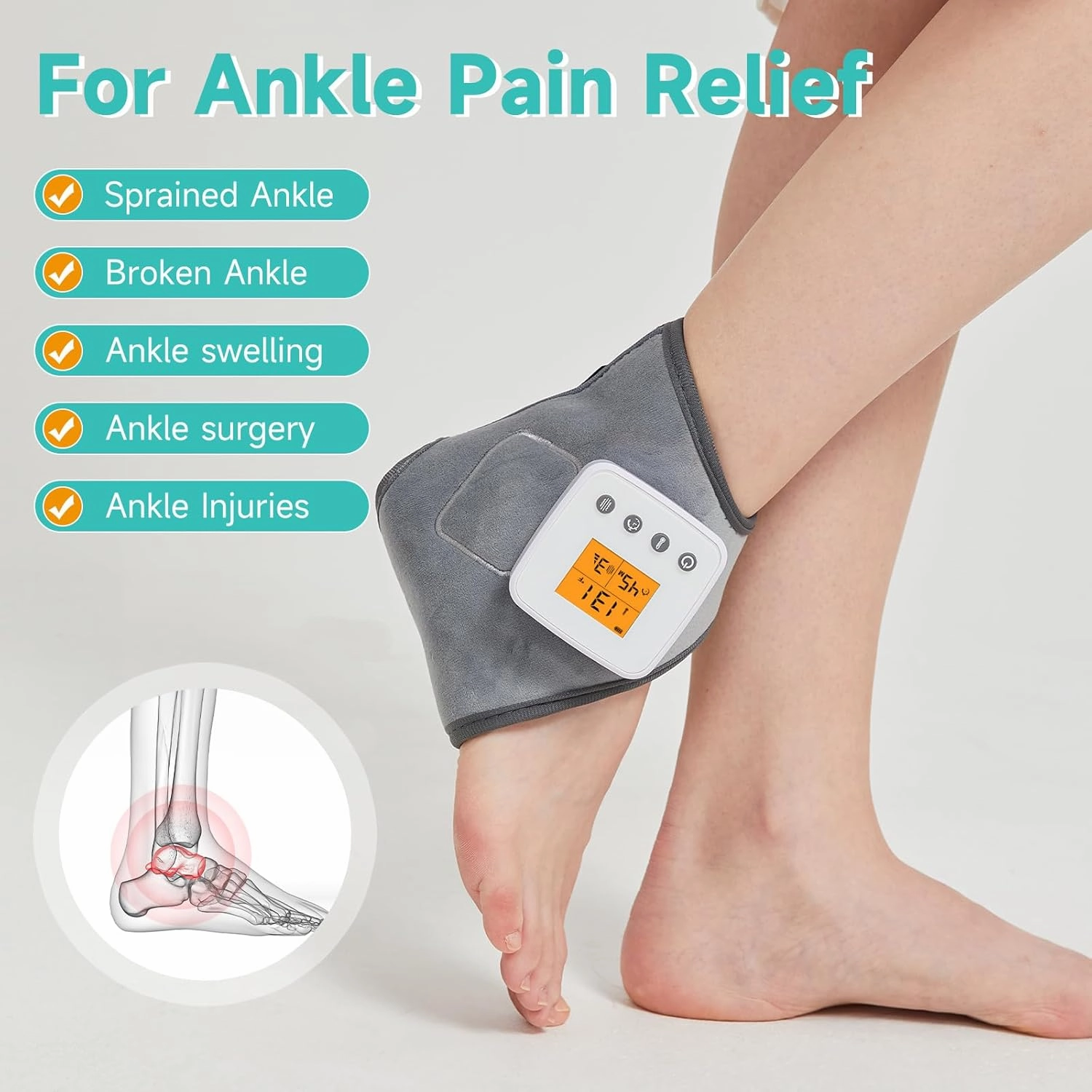 AOBOCO Cordless Ankle Massager with Heat - 3000mAh Ankle Heating Pad for Achilles Tendonitis and Plantar Fasciitis, Rechargeable Heated Foot Brace Wrap, 3 Vibration Mode, Auto Shut Off