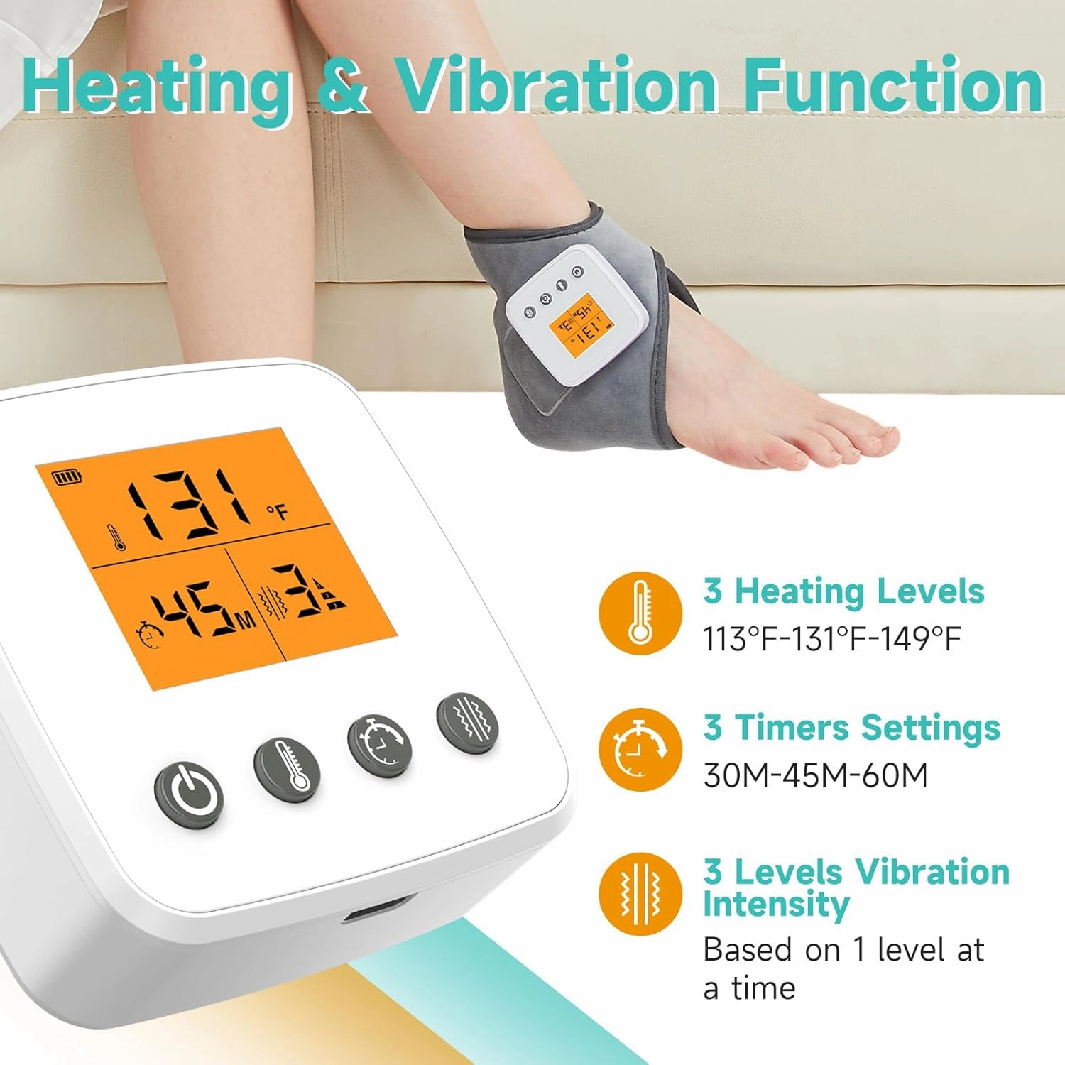 AOBOCO Cordless Ankle Massager with Heat - 3000mAh Ankle Heating Pad for Achilles Tendonitis and Plantar Fasciitis, Rechargeable Heated Foot Brace Wrap, 3 Vibration Mode, Auto Shut Off
