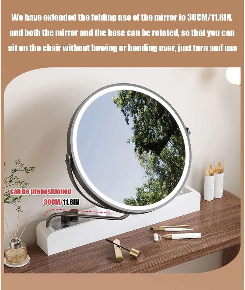 APLUSH 36o° Rotating Vanity Mirror, Solid Wood Storage Makeup Mirror, 3 Color Lighting, Stepless Dimming, (4,B)