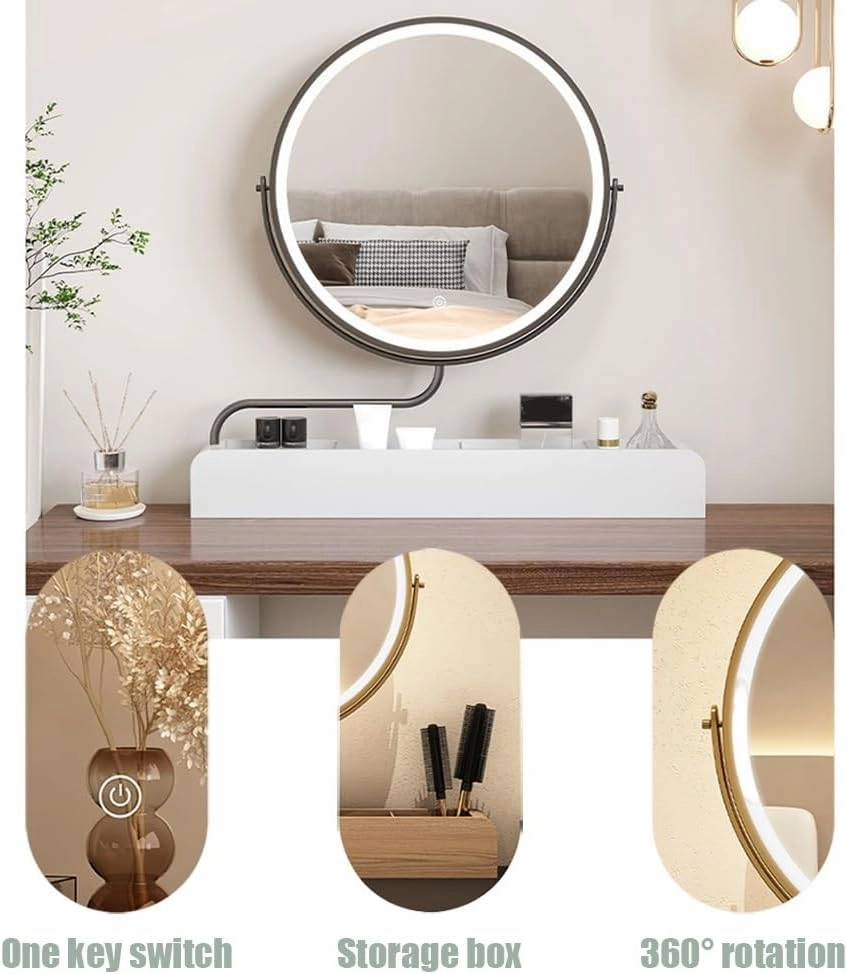 APLUSH 36o° Rotating Vanity Mirror, Solid Wood Storage Makeup Mirror, 3 Color Lighting, Stepless Dimming, (4,B)