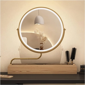 APLUSH 36o° Rotating Vanity Mirror, Solid Wood Storage Makeup Mirror, 3 Color Lighting, Stepless Dimming, (4,B)