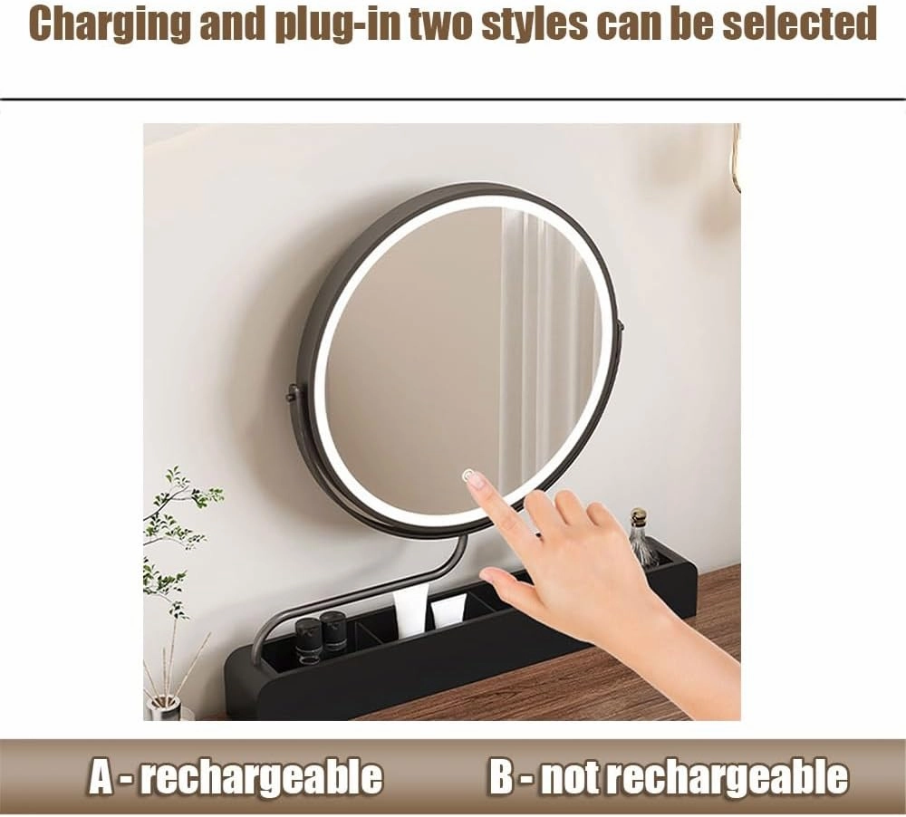 APLUSH 36o° Rotating Vanity Mirror, Solid Wood Storage Makeup Mirror, 3 Color Lighting, Stepless Dimming, (4,B)