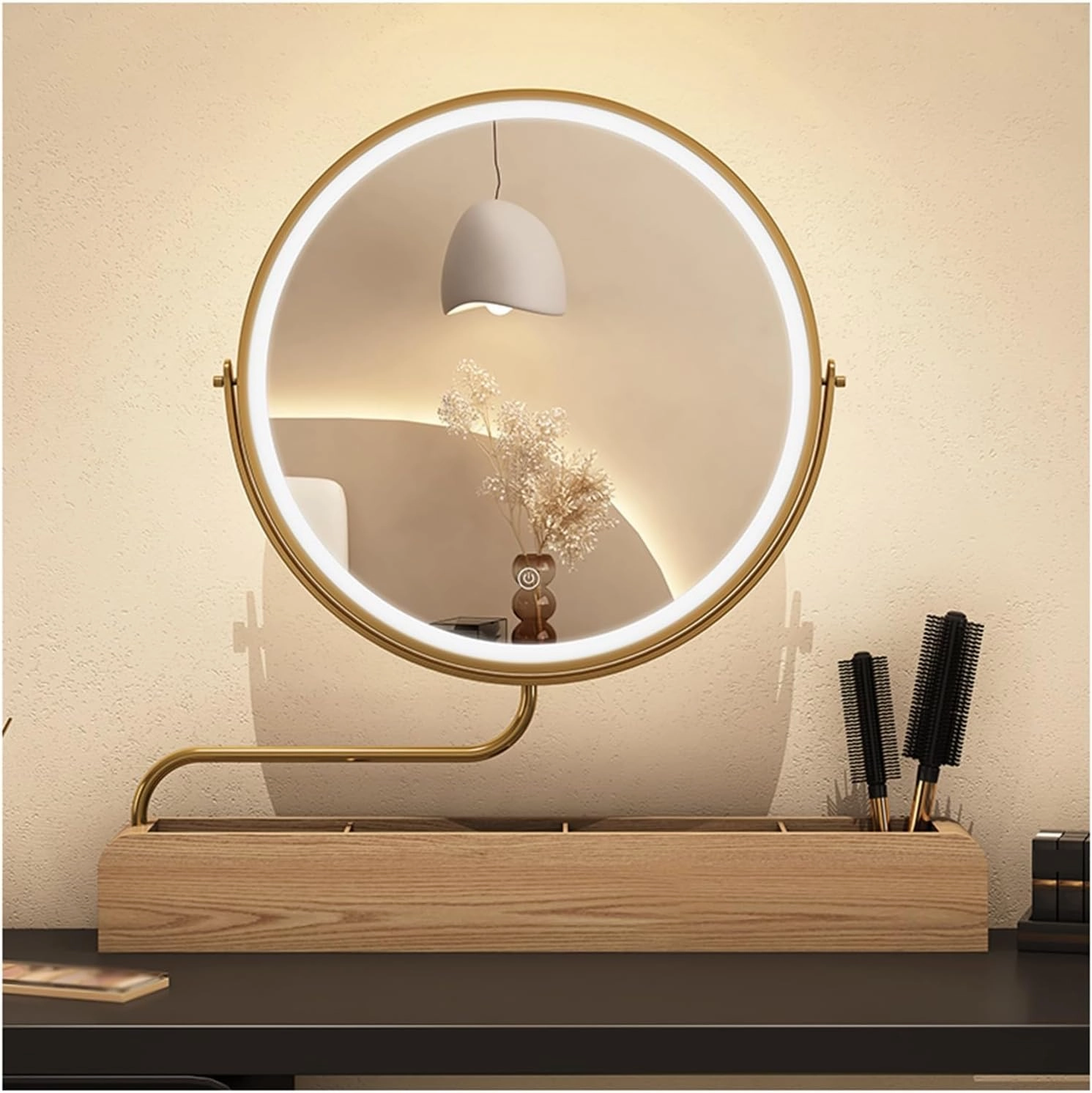 APLUSH 36o° Rotating Vanity Mirror, Solid Wood Storage Makeup Mirror, 3 Color Lighting, Stepless Dimming, (4,B)