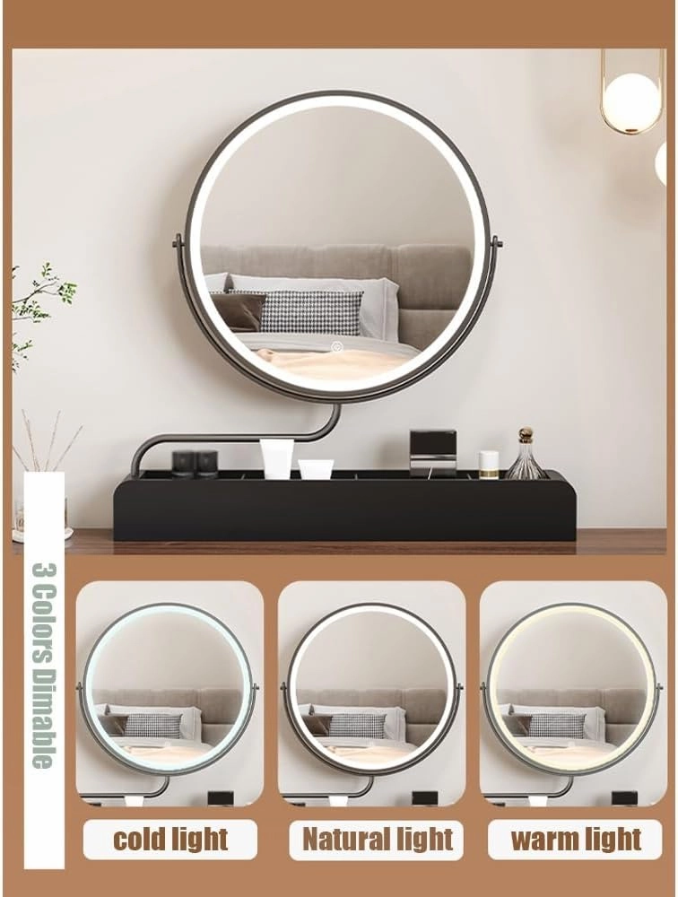 APLUSH 36o° Rotating Vanity Mirror, Solid Wood Storage Makeup Mirror, 3 Color Lighting, Stepless Dimming, (4,B)
