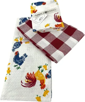 April Cornell 3 Piece Set of Colorful Rooster and Chickens Plus Checkered Waffle Coordinating Dish Cloths Kitchen Towel Set | 100% Cotton