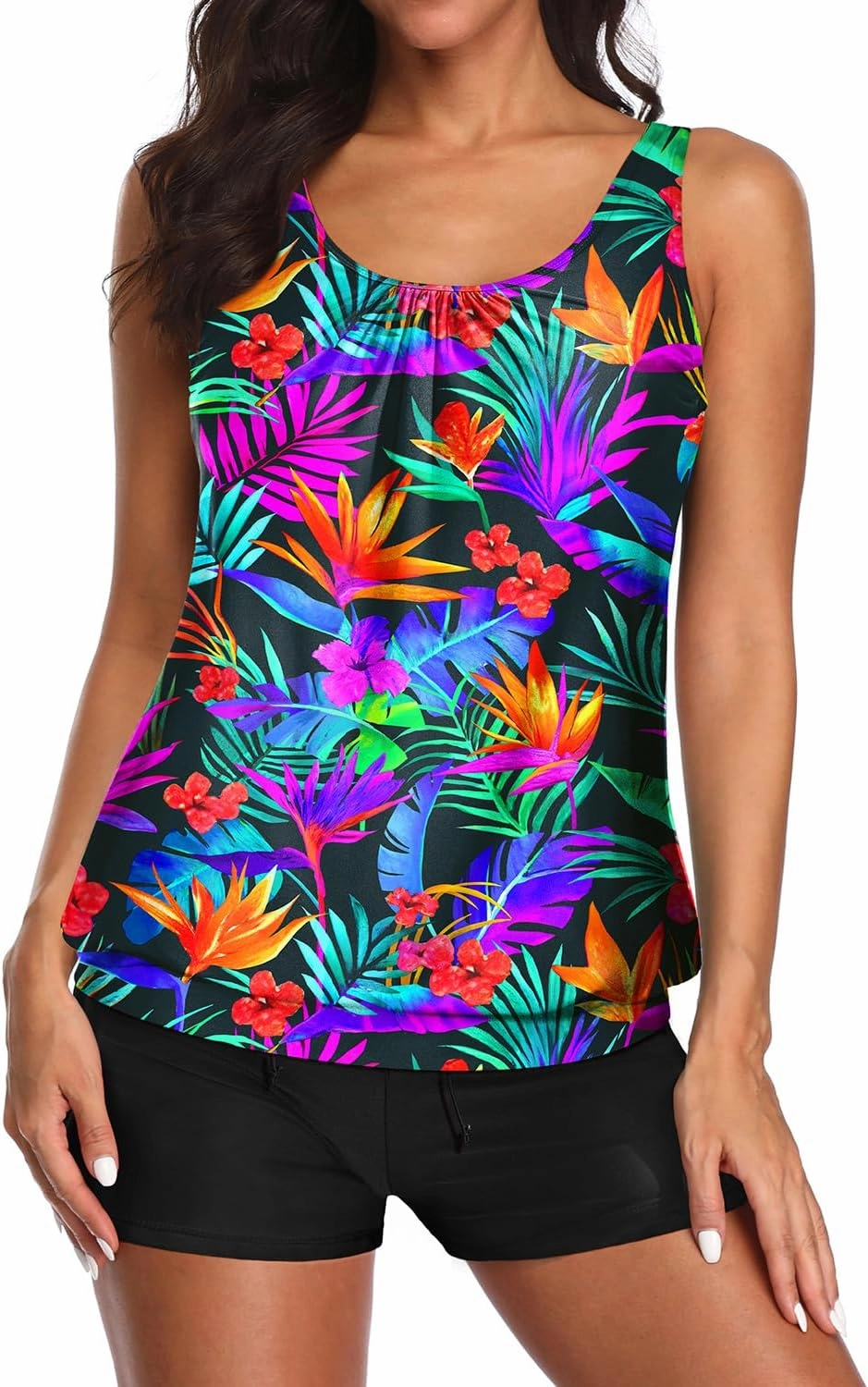 Aqua Eve Two Piece Women's Tankini Swimsuits Blouson Swim Tank Top with Shorts Modest Bathing Suits