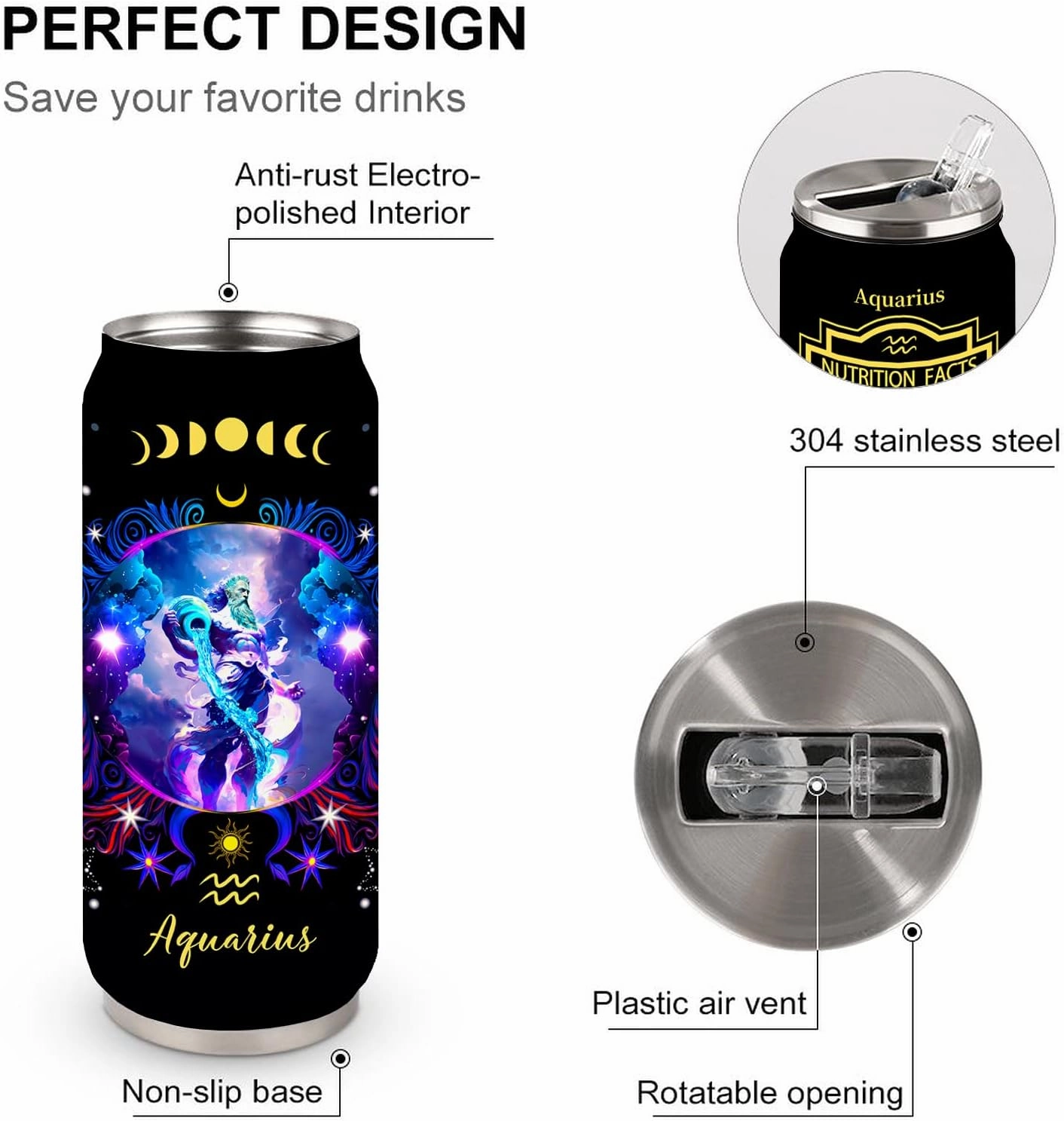 Aquarius Constellation Tumbler - Zodiac Stainless Steel Cup for Men Women - Astrology Fans Birthday Gift With Straw Lid - 17 Oz Coffee Mug Car Cup