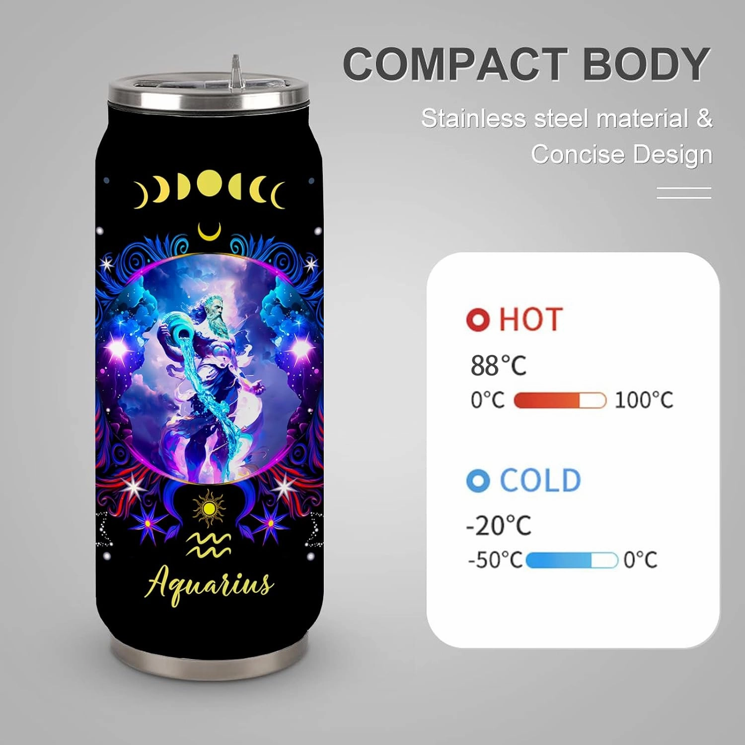 Aquarius Constellation Tumbler - Zodiac Stainless Steel Cup for Men Women - Astrology Fans Birthday Gift With Straw Lid - 17 Oz Coffee Mug Car Cup