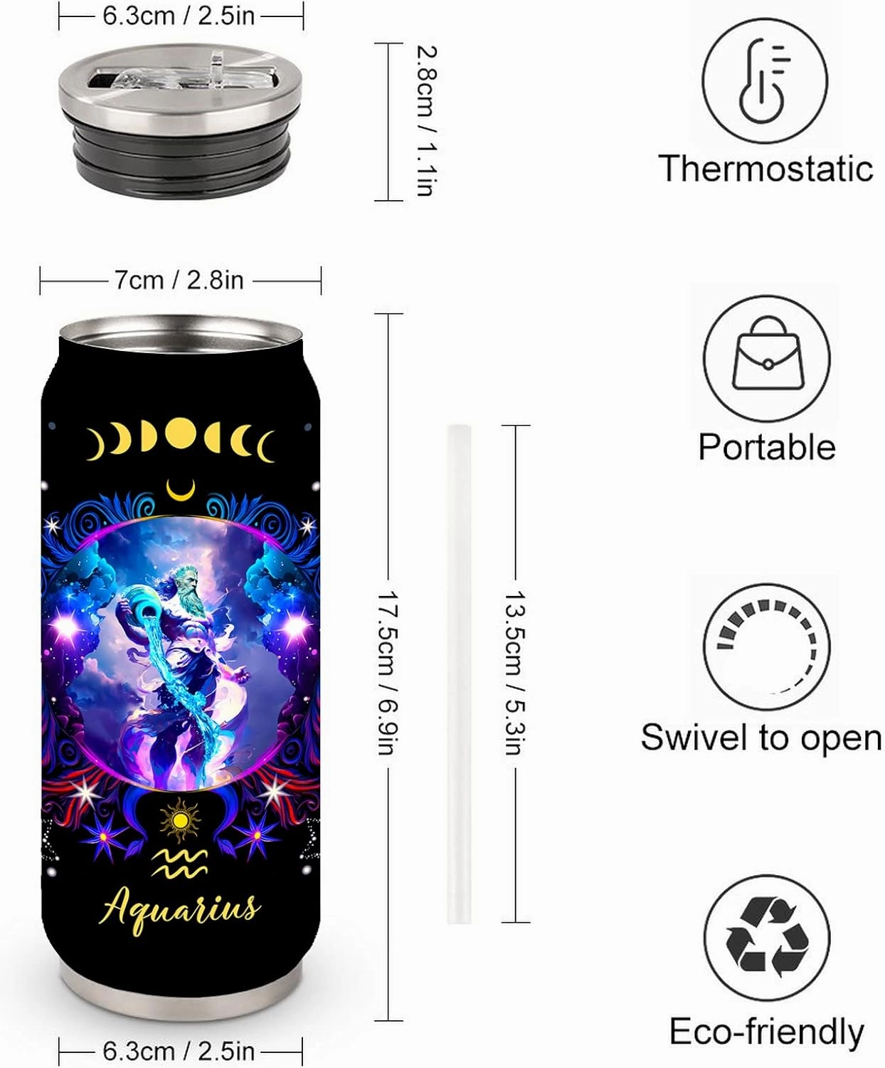 Aquarius Constellation Tumbler - Zodiac Stainless Steel Cup for Men Women - Astrology Fans Birthday Gift With Straw Lid - 17 Oz Coffee Mug Car Cup