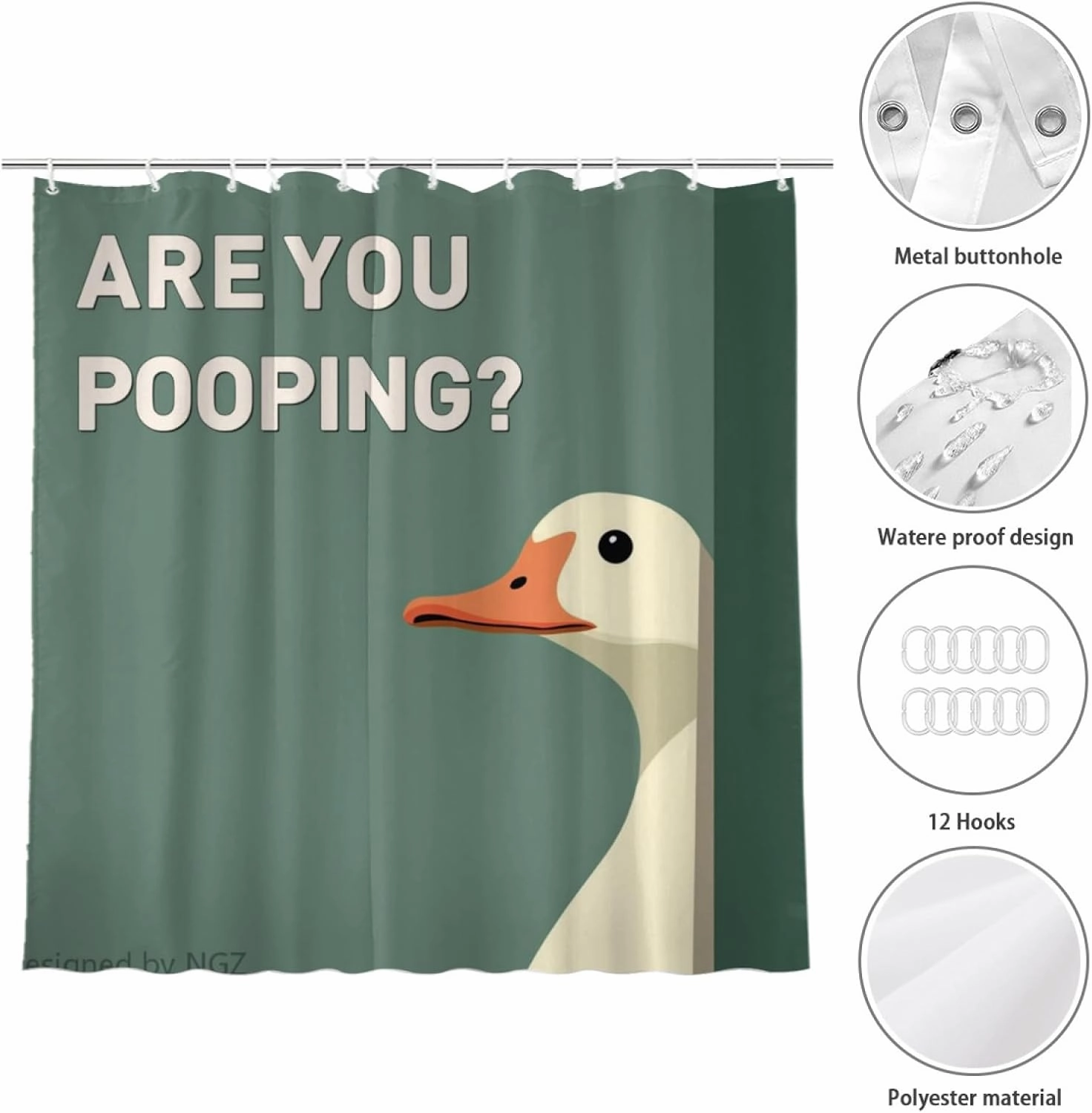 are You Pooping Duck Shower Curatin, Funny Duck Shower Curtain, Green Shower Curtain Set with 12 Hooks for Bathroom Decor, 72x72