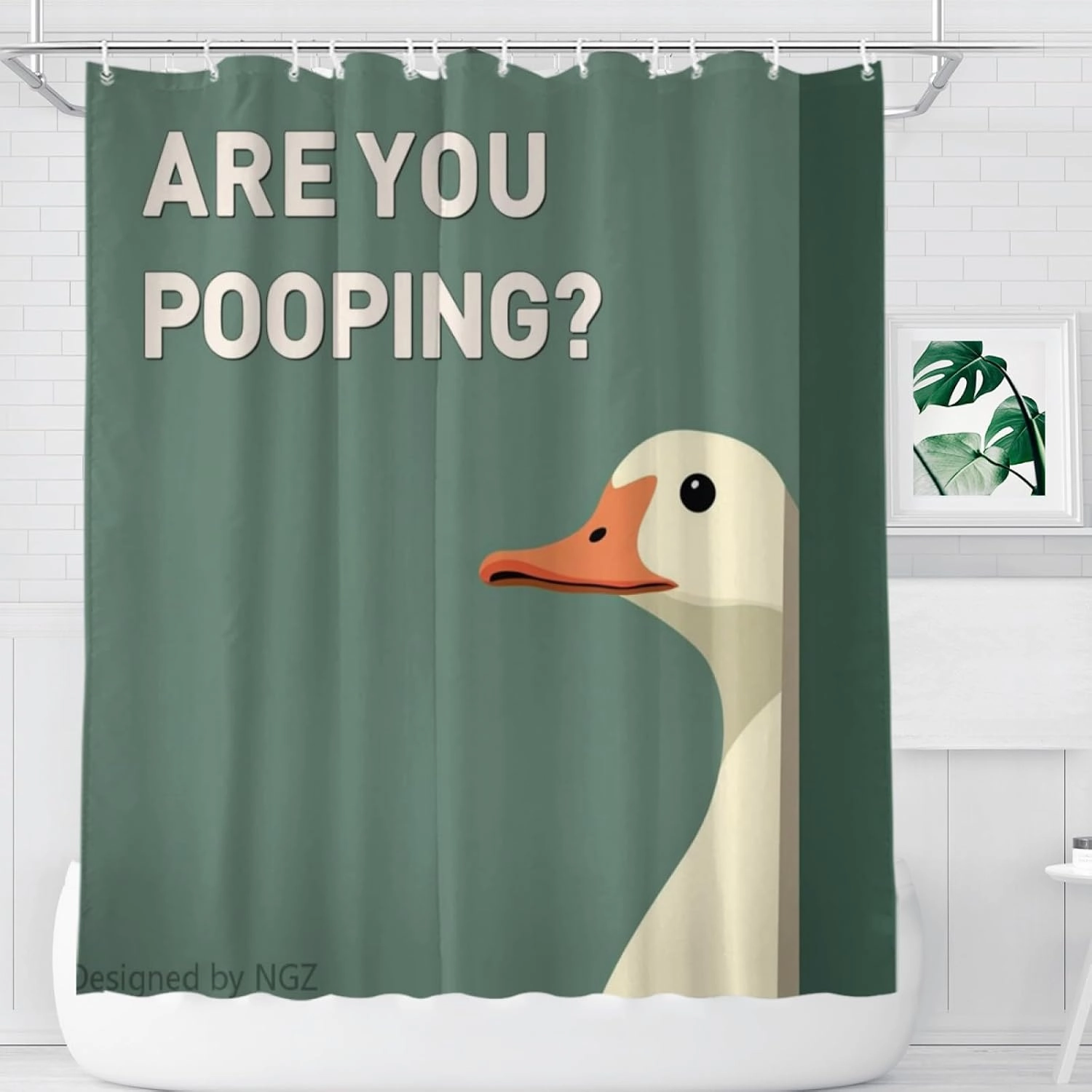 are You Pooping Duck Shower Curatin, Funny Duck Shower Curtain, Green Shower Curtain Set with 12 Hooks for Bathroom Decor, 72x72