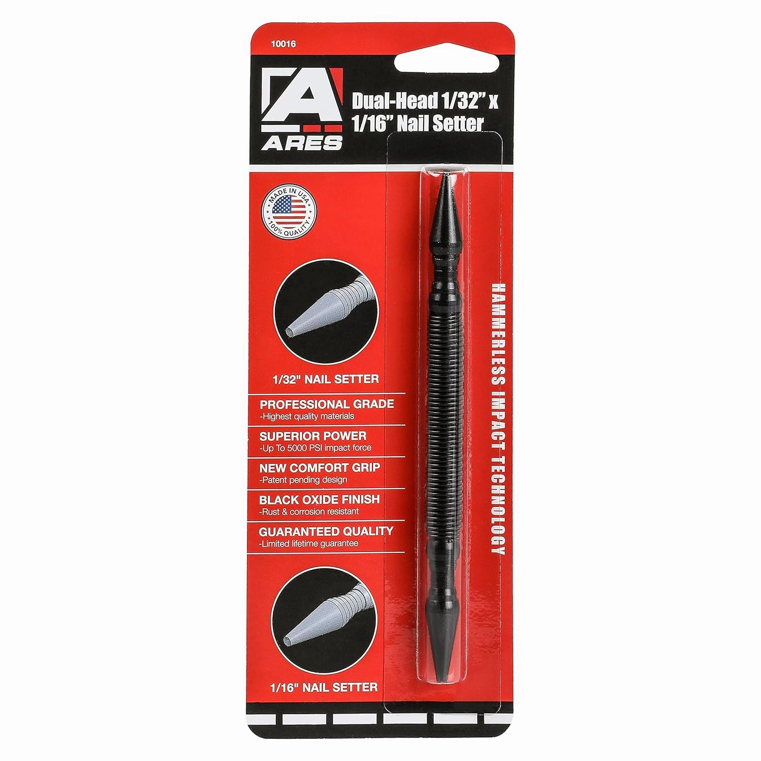 ARES 10016 – Dual Head Combo Nail Setter – Features 1/32-Inch (#1) and 1/16-Inch (#2) Dual Head Design – CNC-Precision Machined - 5000 PSI Striking Force