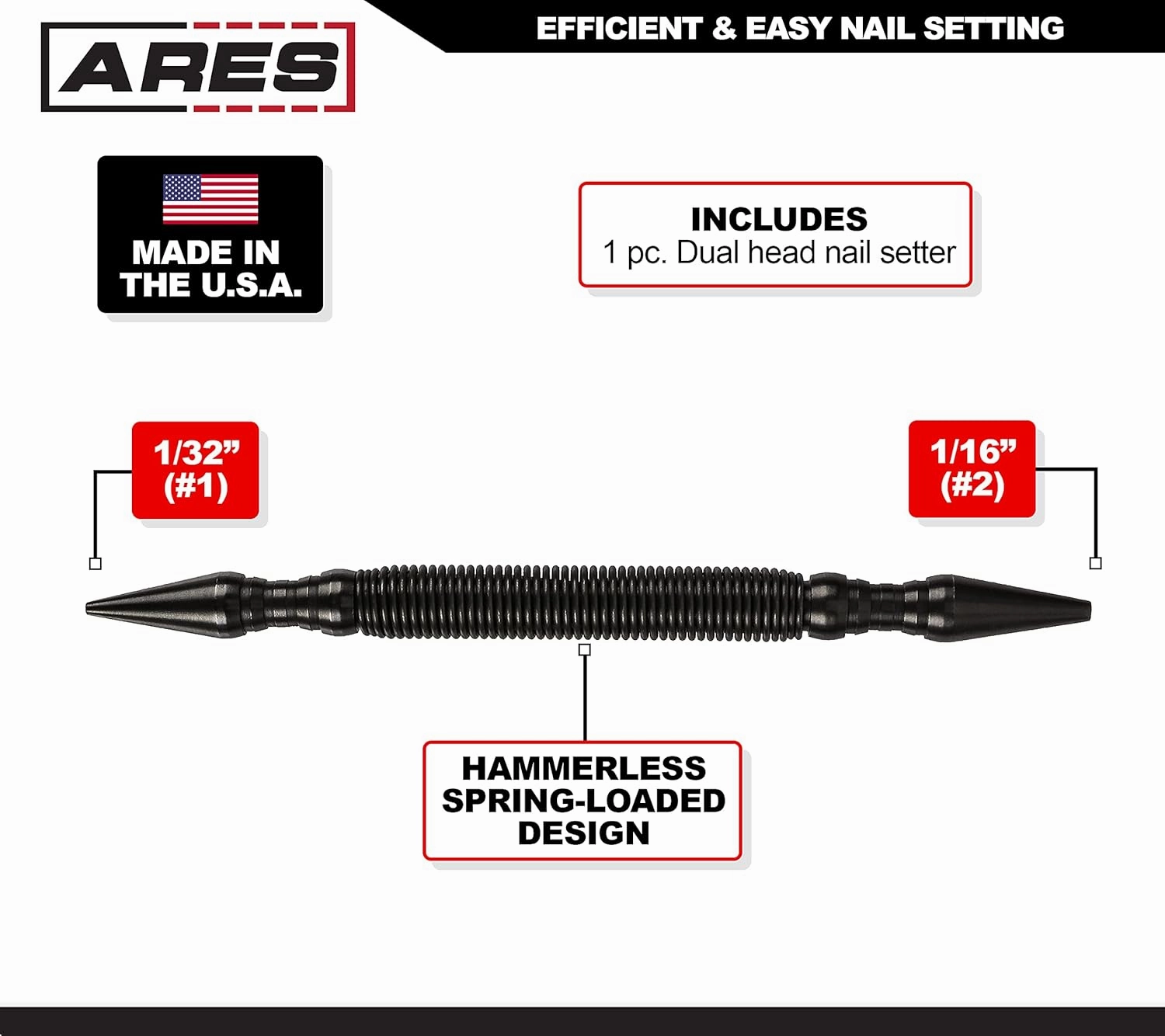 ARES 10016 – Dual Head Combo Nail Setter – Features 1/32-Inch (#1) and 1/16-Inch (#2) Dual Head Design – CNC-Precision Machined - 5000 PSI Striking Force
