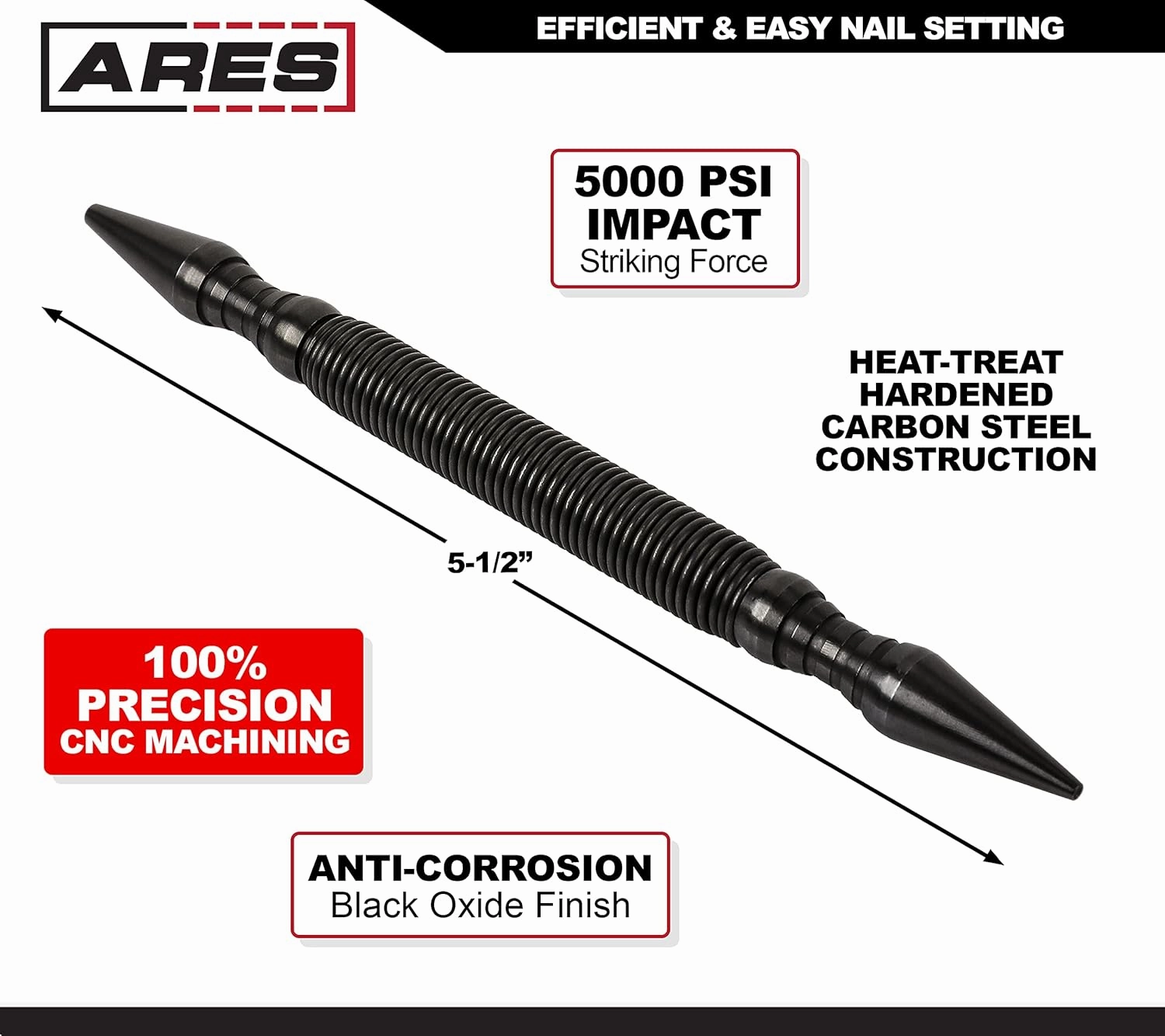 ARES 10016 – Dual Head Combo Nail Setter – Features 1/32-Inch (#1) and 1/16-Inch (#2) Dual Head Design – CNC-Precision Machined - 5000 PSI Striking Force