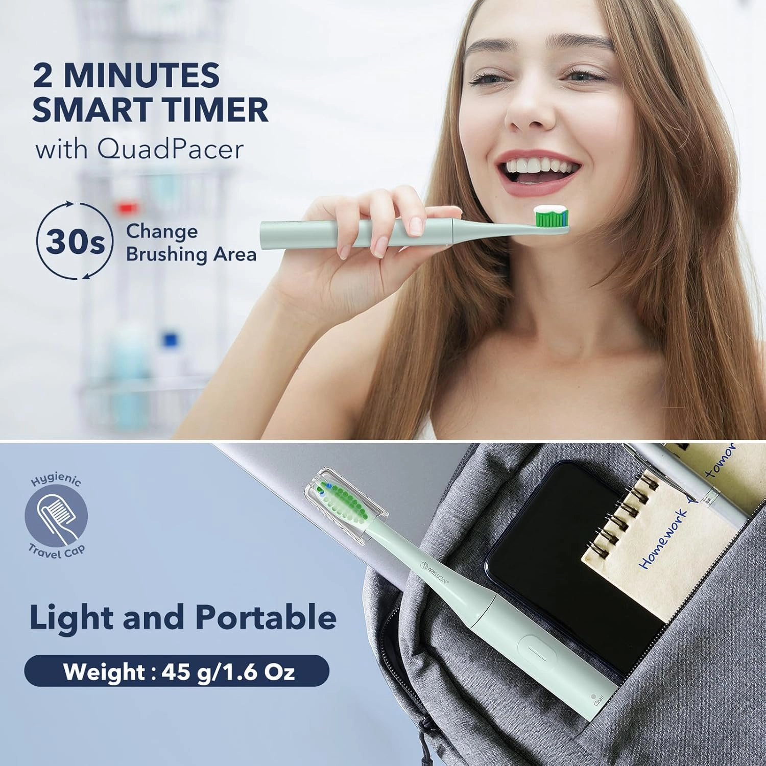 ARISSON Sonic Electric Toothbrush for Adults and Kids, 40,000 VPM Power Toothbrush, 1.5H Fast Charge Ultrasonic Electric Toothbrushes with 2 Minutes Smart Timer, 1.6 Oz Travel Toothbrush, Powder Blue