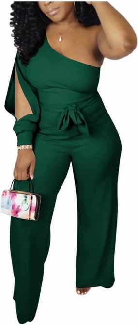 Aro Lora Women's Sexy One Shoulder Slit Sleeve High Waist One Piece Pant Outfit Wide Leg Jumpsuit Romper