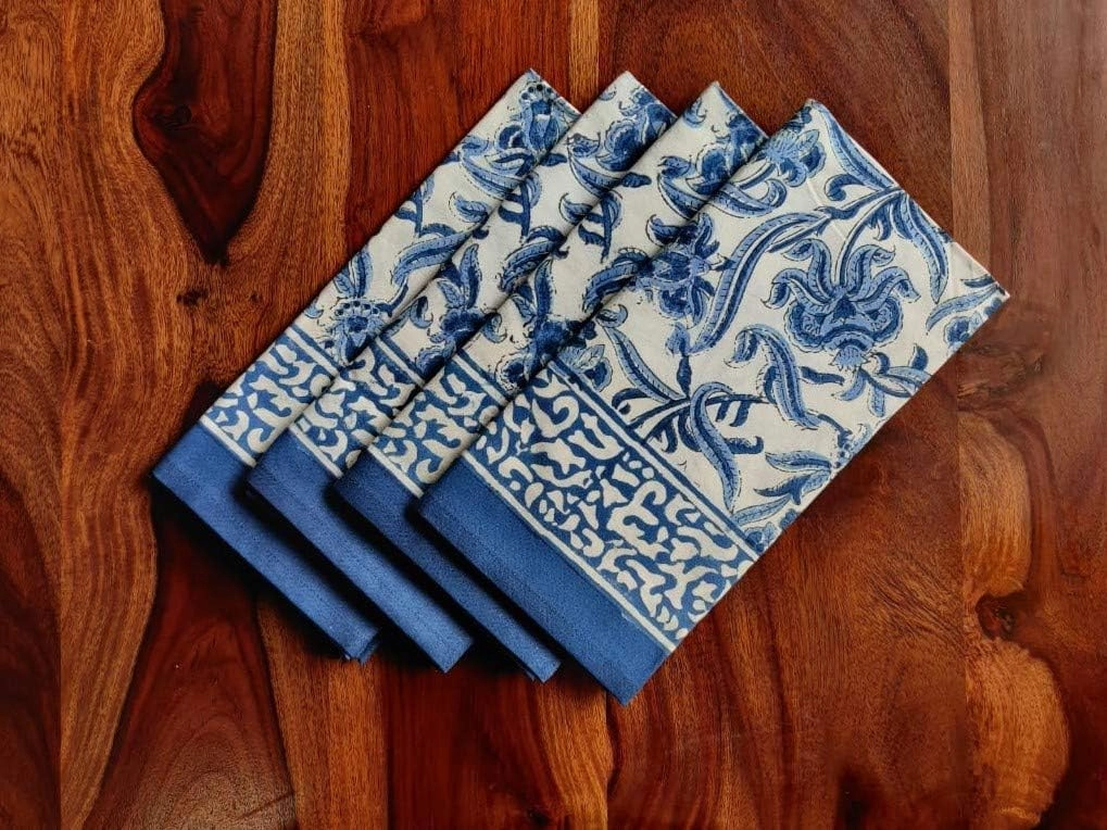 ATOSII Midnight Bloom Blue 100% Cotton Cloth Napkins, Hand Block Floral Print Designer Table Linen, Perfect for Dinners, Weddings, Cocktails, Parties I 20 X 20 Inches I Set of 4 I
