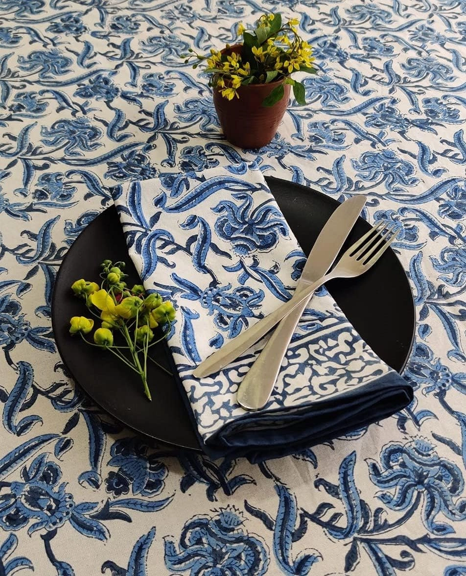 ATOSII Midnight Bloom Blue 100% Cotton Cloth Napkins, Hand Block Floral Print Designer Table Linen, Perfect for Dinners, Weddings, Cocktails, Parties I 20 X 20 Inches I Set of 4 I
