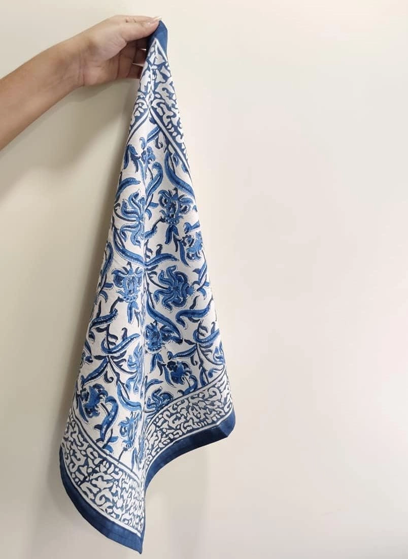 ATOSII Midnight Bloom Blue 100% Cotton Cloth Napkins, Hand Block Floral Print Designer Table Linen, Perfect for Dinners, Weddings, Cocktails, Parties I 20 X 20 Inches I Set of 4 I