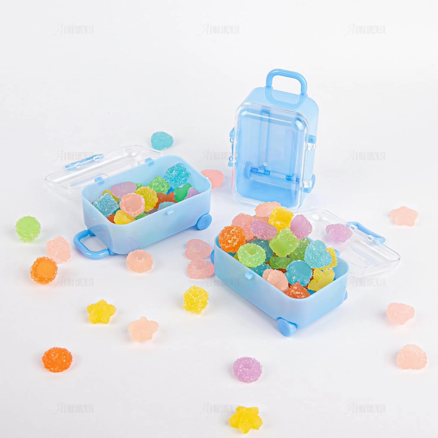 AUEAR, 12 Pack Mini Suitcase Boxes Plastic Candy Box Small Reception Gift Box Travel Case for Wedding Party Decoration (Blue)