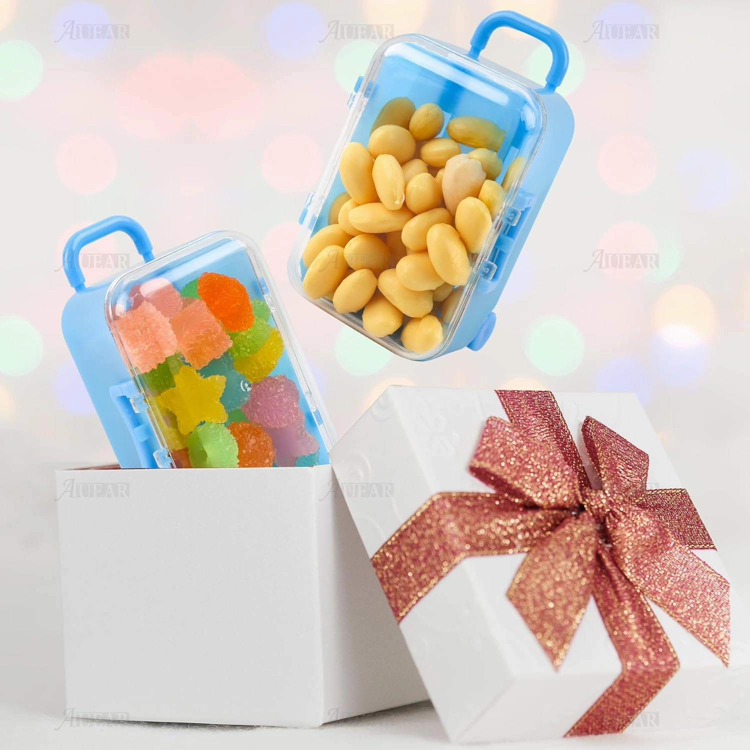 AUEAR, 12 Pack Mini Suitcase Boxes Plastic Candy Box Small Reception Gift Box Travel Case for Wedding Party Decoration (Blue)
