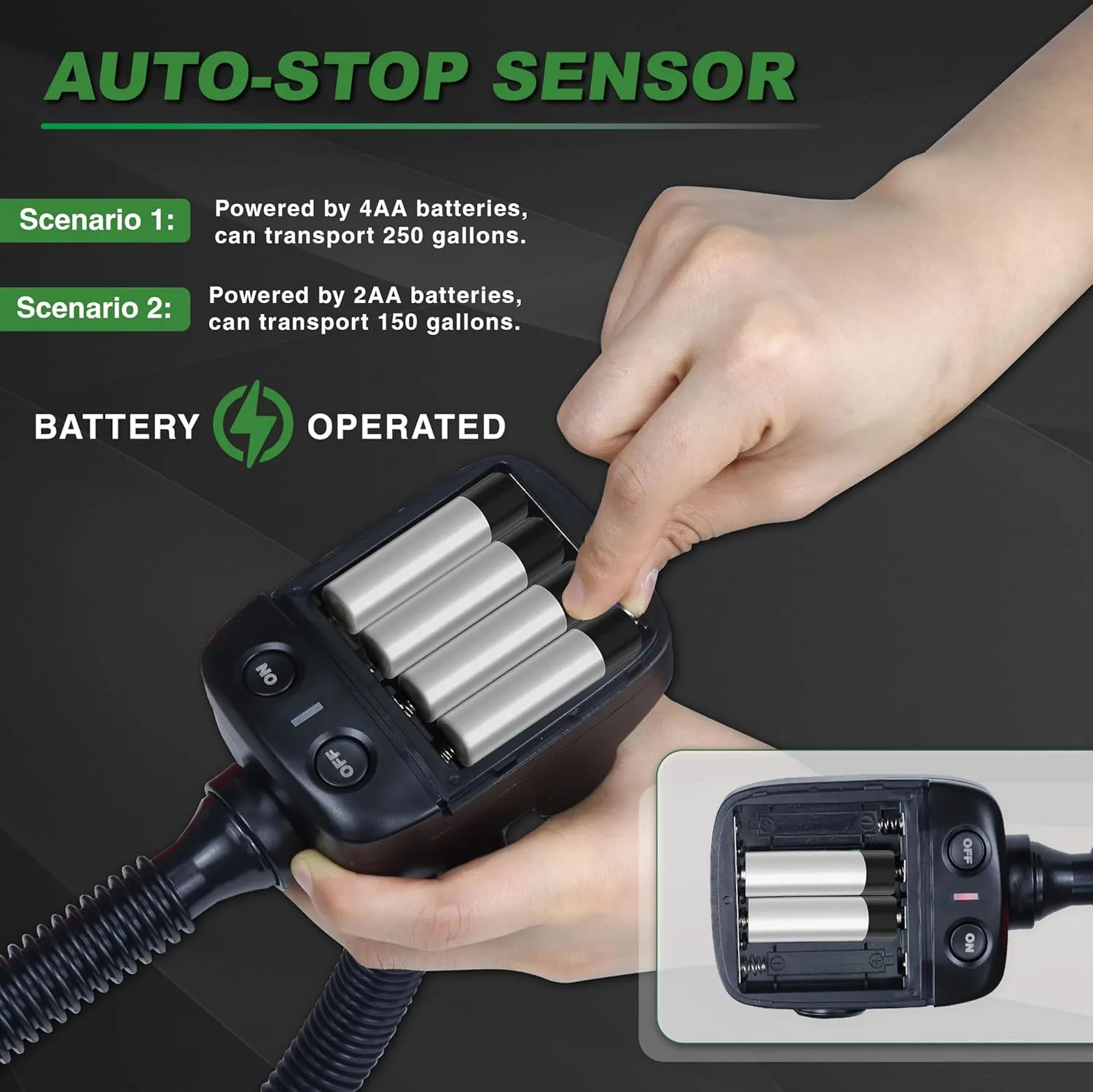 Automatic Fuel Transfer Pump with Auto-Stop Sensor(2.4 GPM), Flexible Intake Hose Fits Most Irregular Gas Cans for Gasoline Diesel Kerosene & More-Green